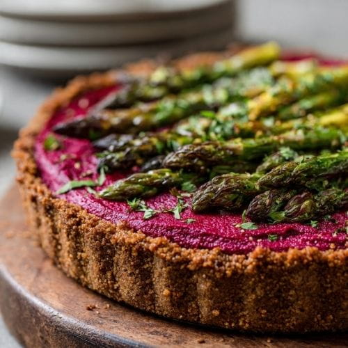 Beet Hummus Asparagus Tart with Almond Crust