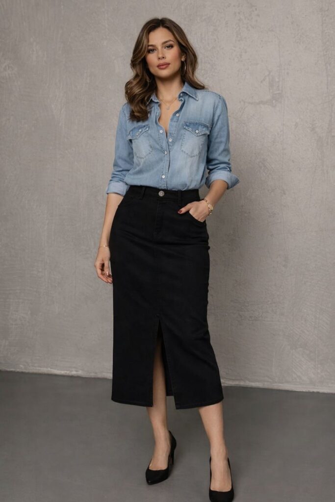 Black Midi Skirt With Chambray Button-Down