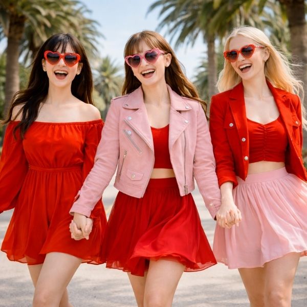 Chic Galentine’s Stroll in Bold Red Fashion