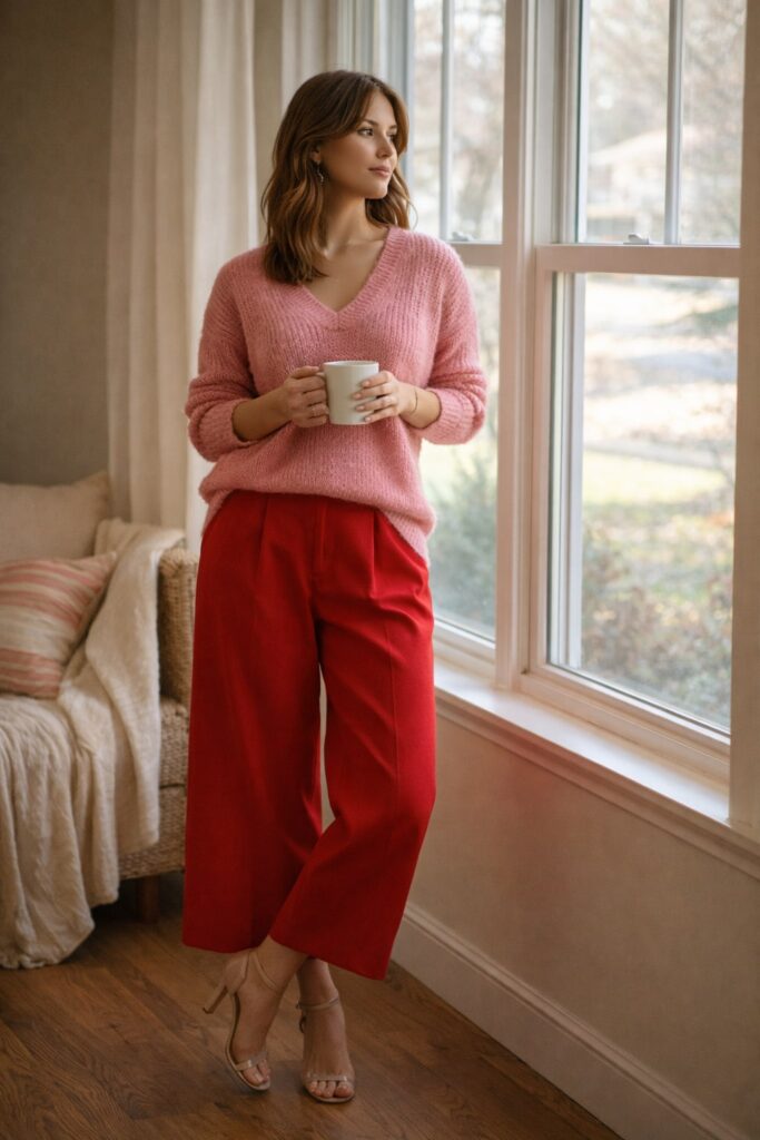 Cozy Pink Sweater with Red Ankle Pants