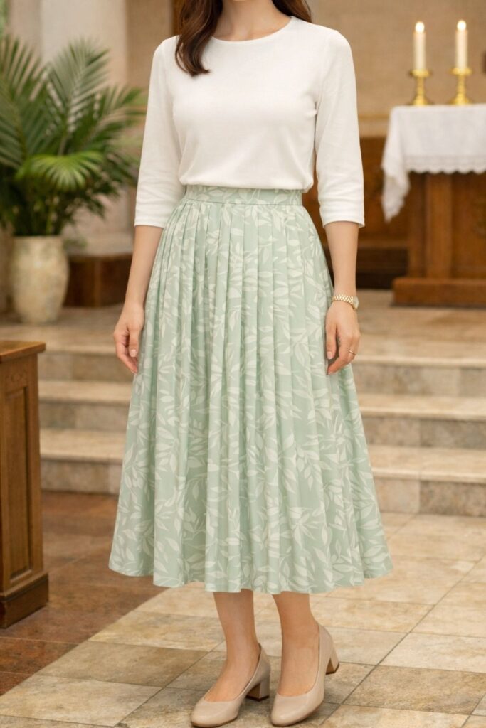 Leaf Print Midi Skirt With Solid Top