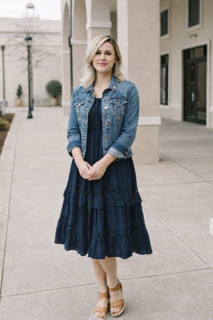 Navy Tiered Dress With Denim Jacket
