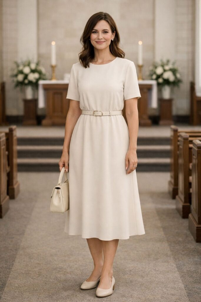 Neutral Midi Dress With Light Belt