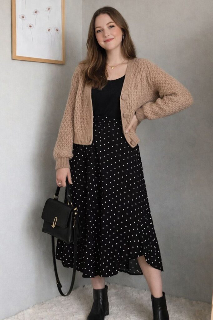 Polka Dot Midi Skirt With Cozy Cardigan