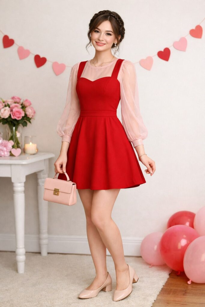  Red Pinafore Dress with Sheer Pink Top