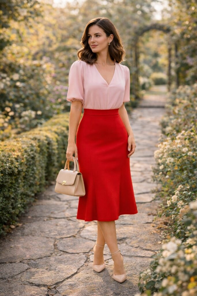 Red Skirt with Pink Blouse and Matching Heels
