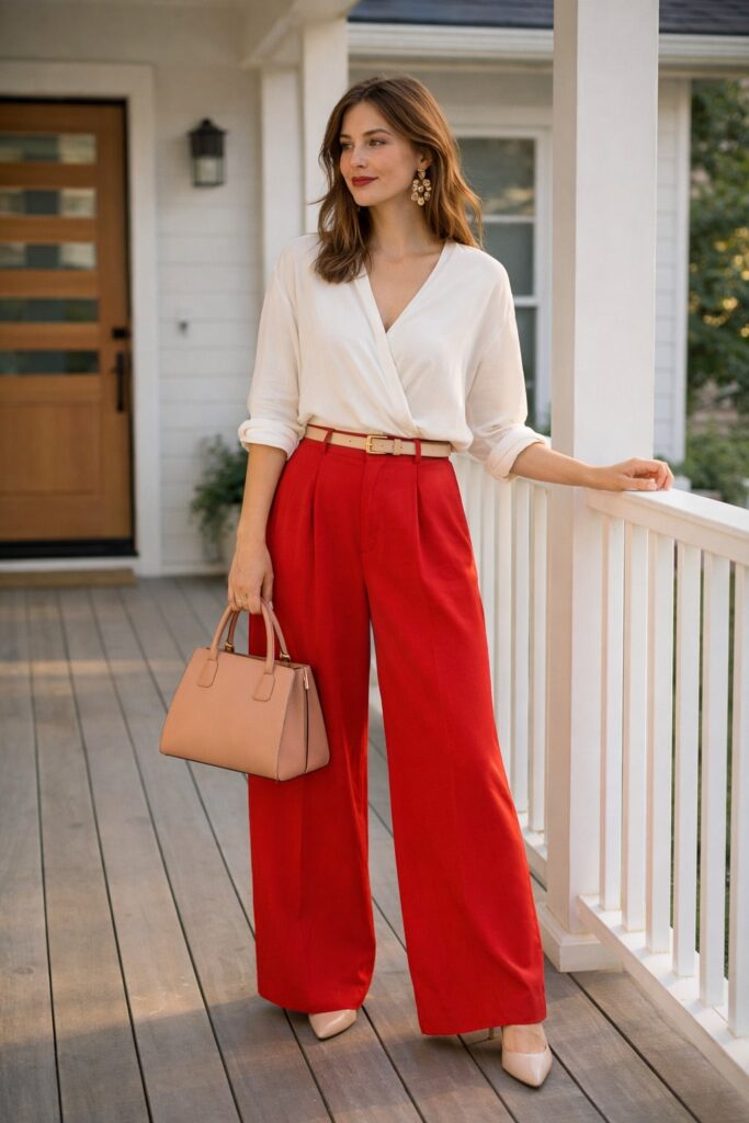 Red Wide-Leg Pants with a Soft White Blouse