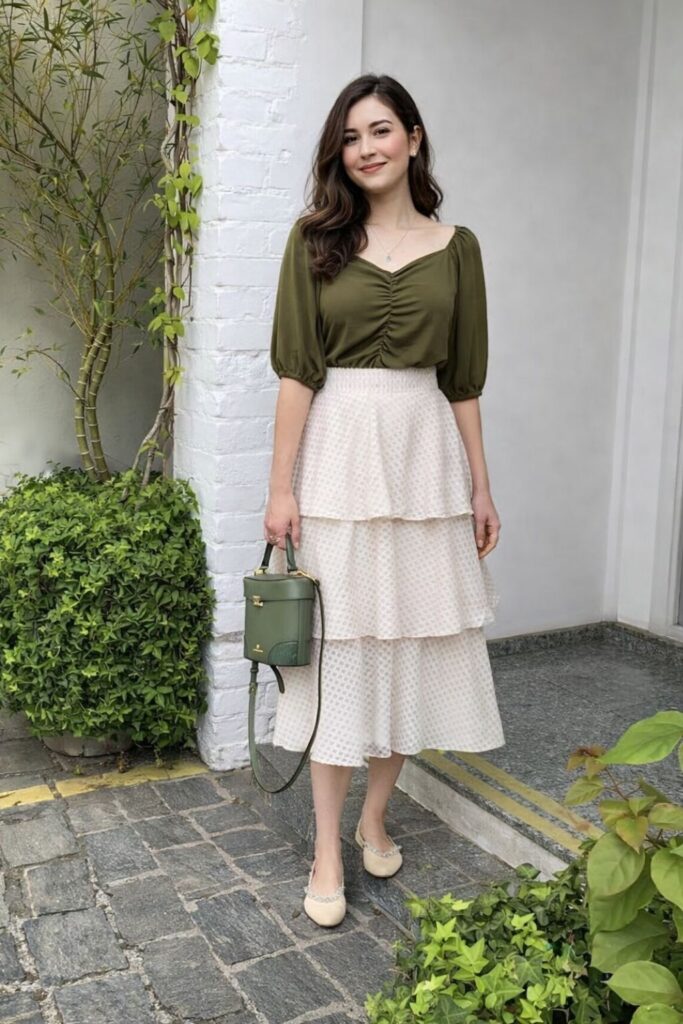 Soft Tiered Midi Skirt With Olive Blouse