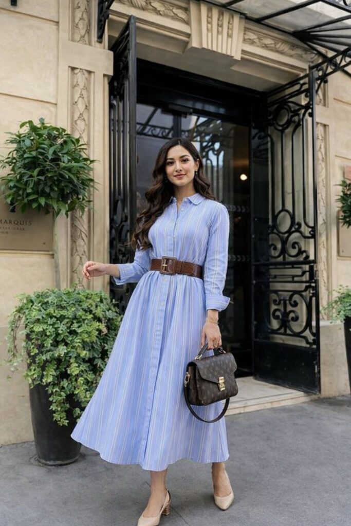 Striped Shirt Dress With Defined Waist