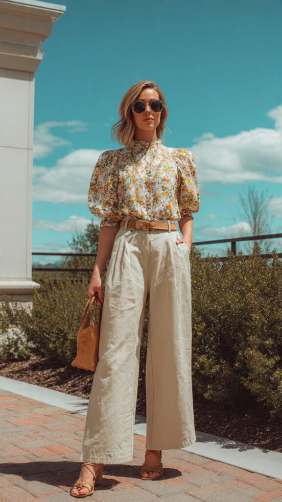 Beige Wide Leg Pants with Floral Blouse