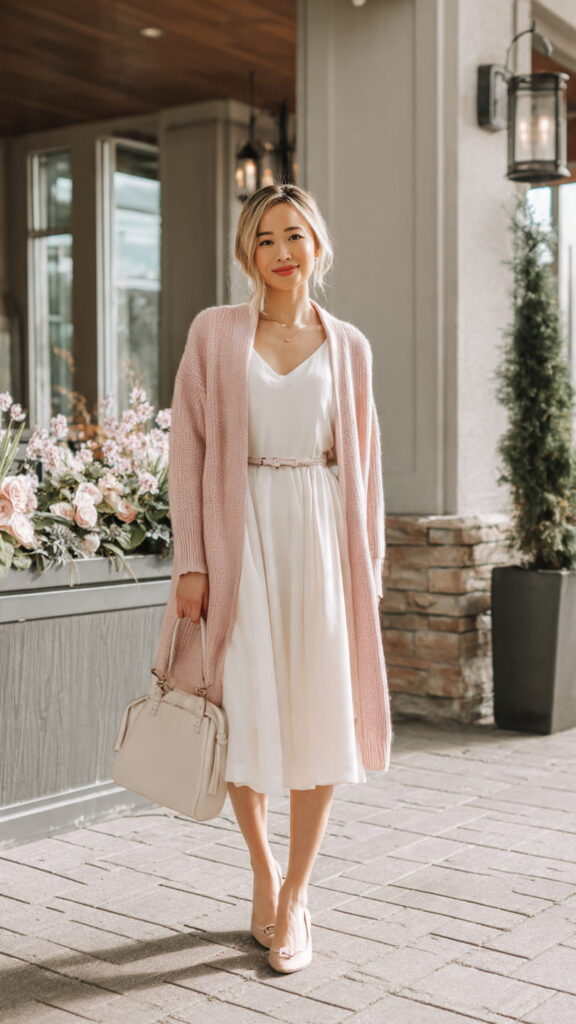 Blush Cardigan with White Midi Dress