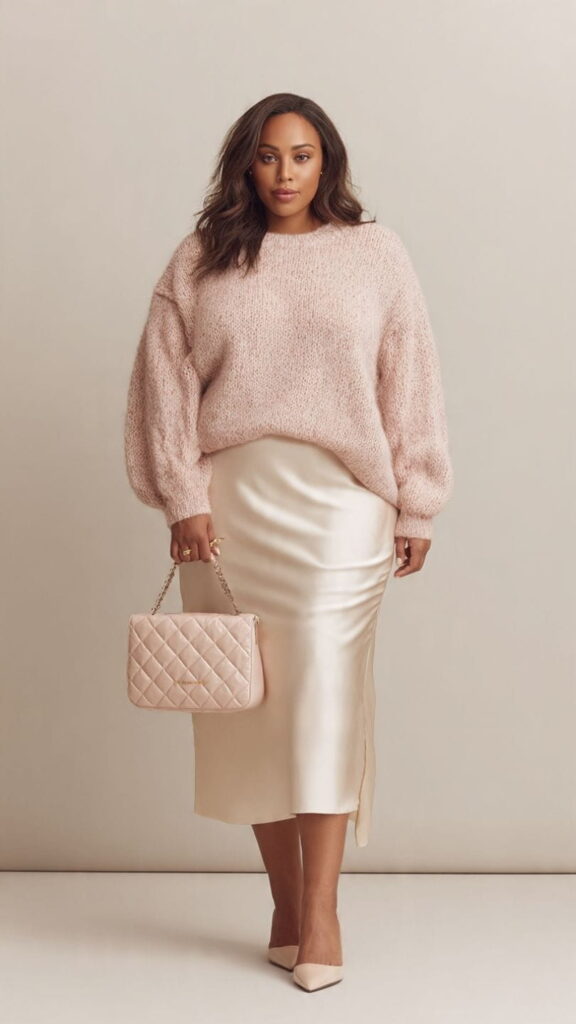  Blush Knit Sweater with Cream Satin Midi Skirt