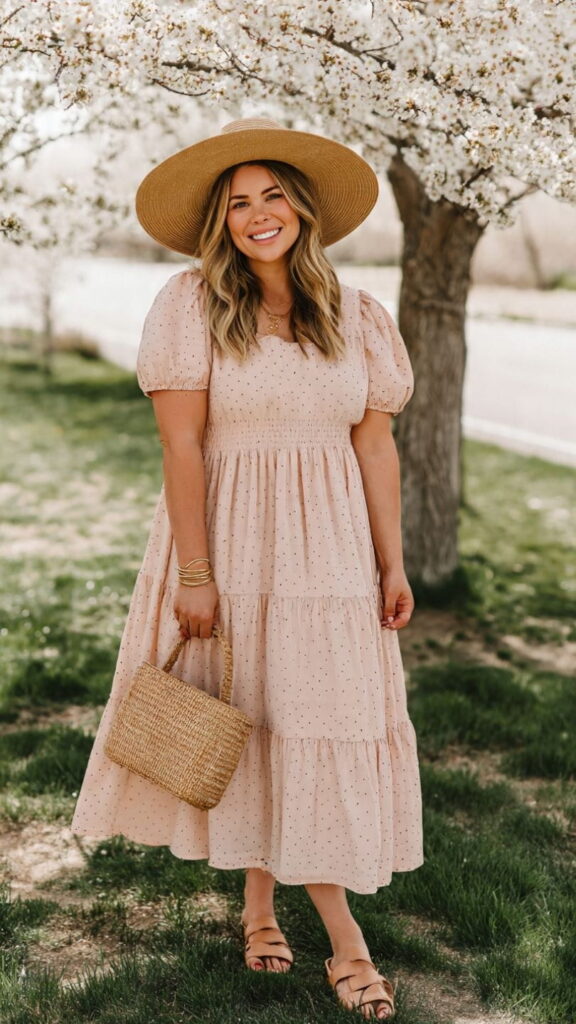 Blush Polka Dot Tiered Midi Dress with Straw Hat