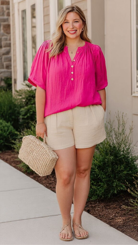 Bright Pink Flutter-Sleeve Blouse with Beige Shorts