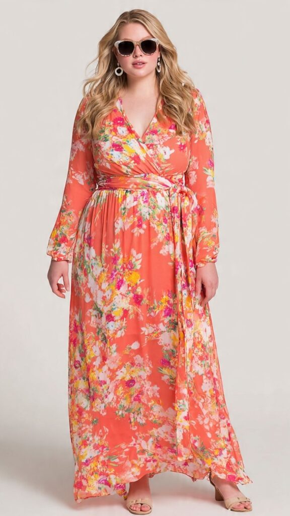 Coral Floral Maxi Dress with Long Sleeves
