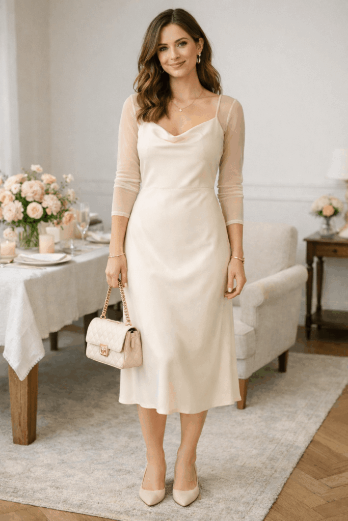 Cream Slip Dress with Sheer Layer