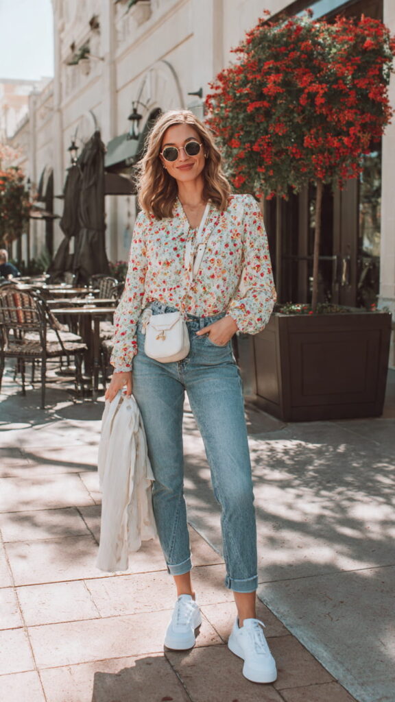 Floral Blouse with Blue Jeans and White Sneakers