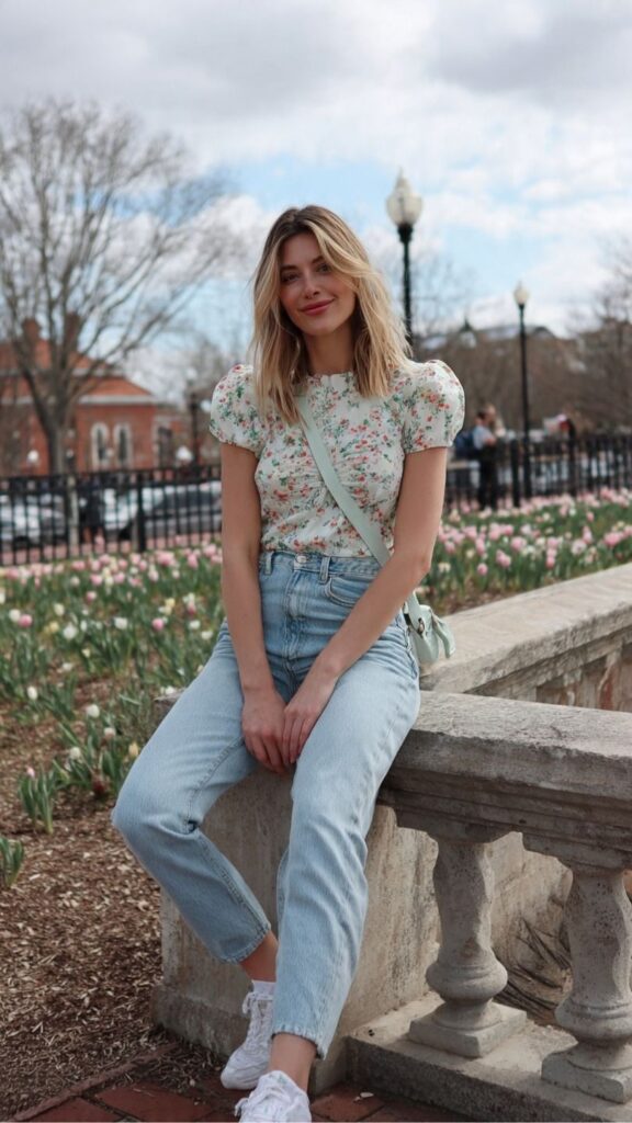 Floral Crop Top With Light Wash Jeans