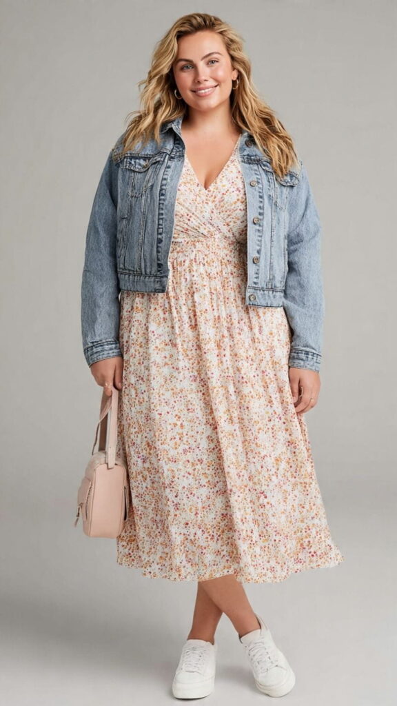 Floral Midi Dress with Cropped Denim Jacket