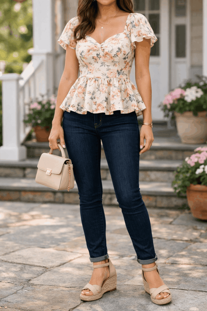 Floral Peplum Top With Dark Wash Jeans