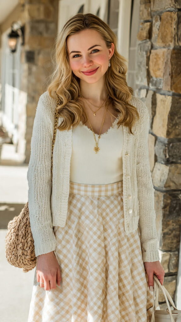 Gingham Midi Skirt with Cream Cardigan