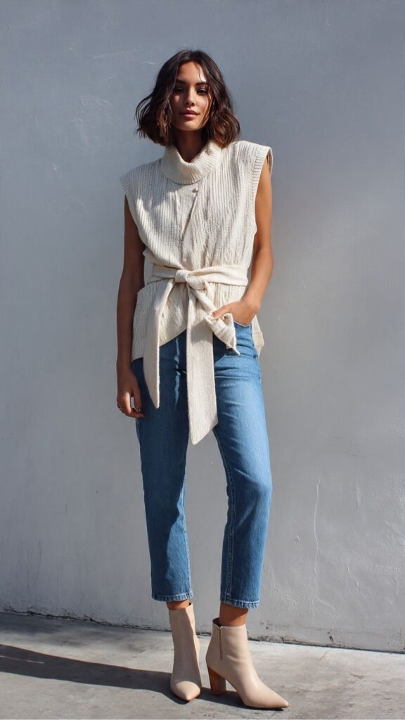 Knit Tie-Front Vest With Classic Blue Jeans