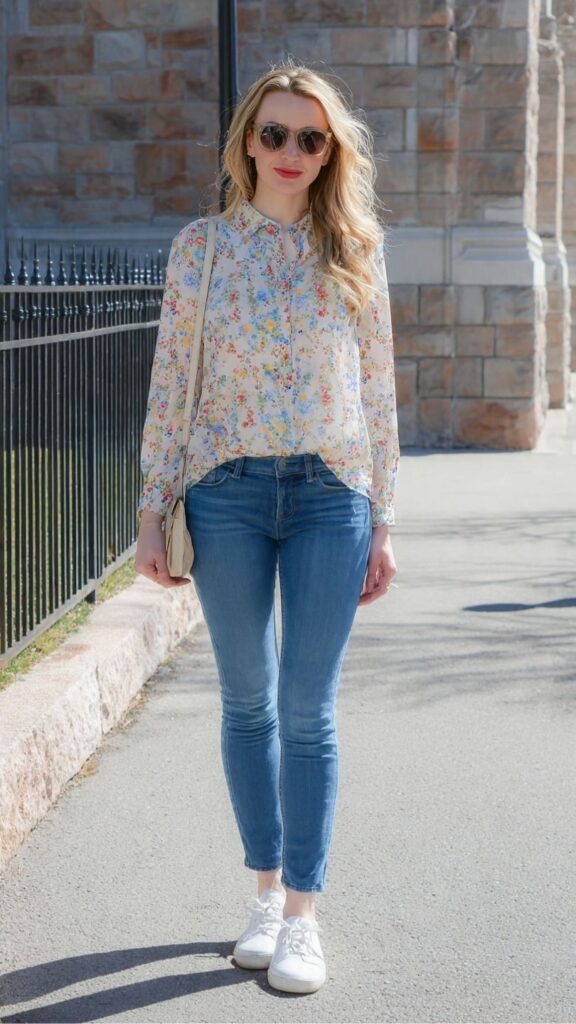 Long-Sleeve Floral Blouse With Slim Jeans