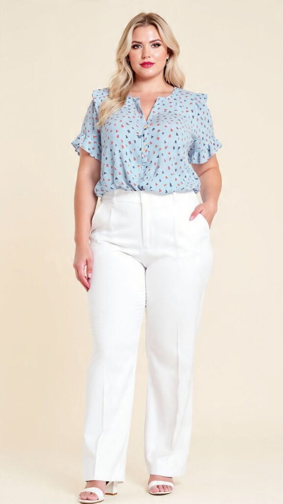 Multicolor Ruffle Sleeve Top with White Wide-Leg Trousers