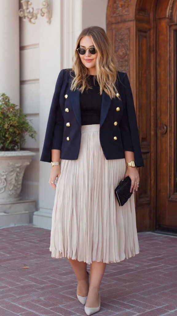 Navy Blazer with Beige Pleated Midi Skirt