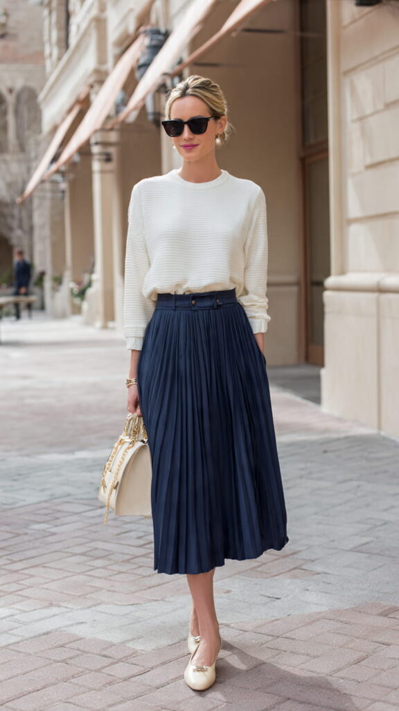 Navy Pleated Skirt with Cream Knit Top