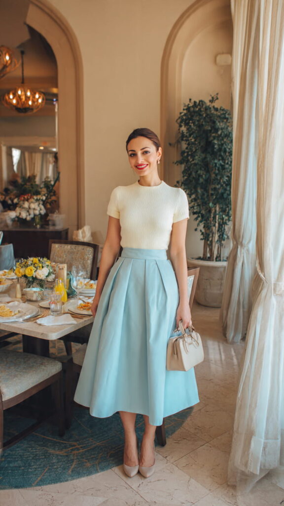 Pale Blue Midi Skirt with Cream Top