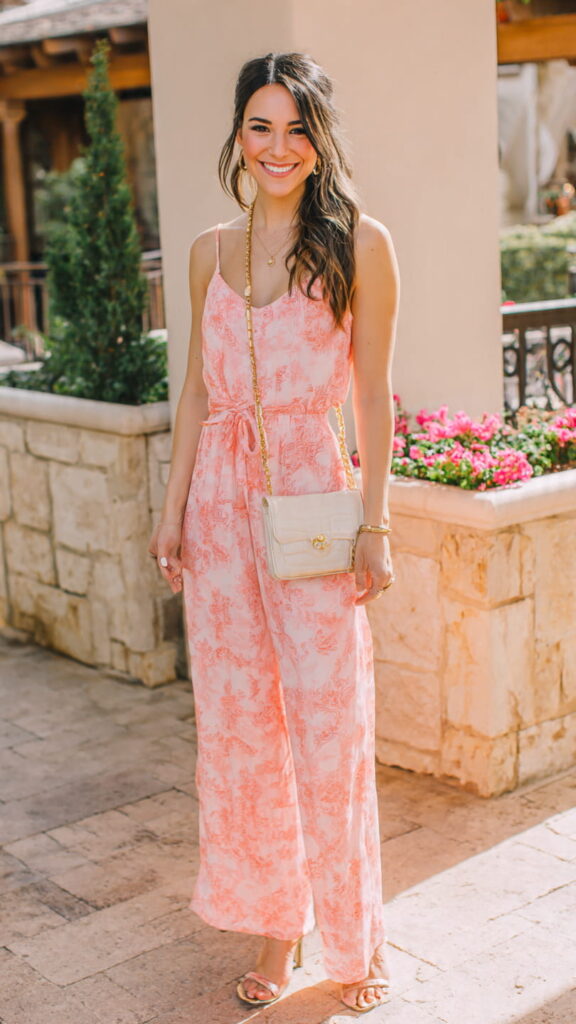 Pink Printed Jumpsuit with Neutral Flats