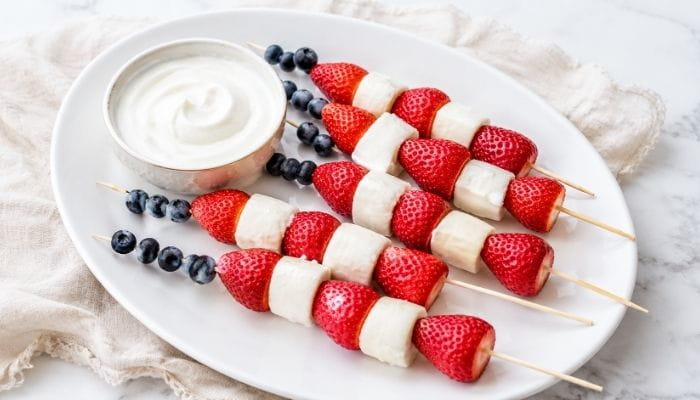 Red, White, and Blue Fruit Skewers with Yogurt Dip
