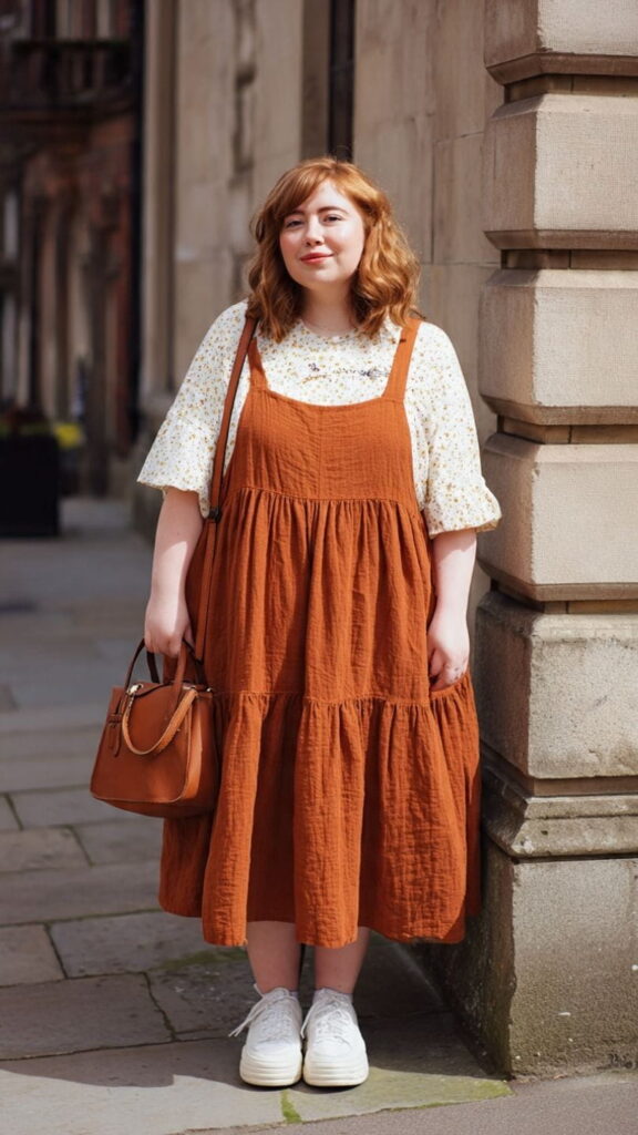 Rust Tiered Pinafore Dress with Graphic Tee