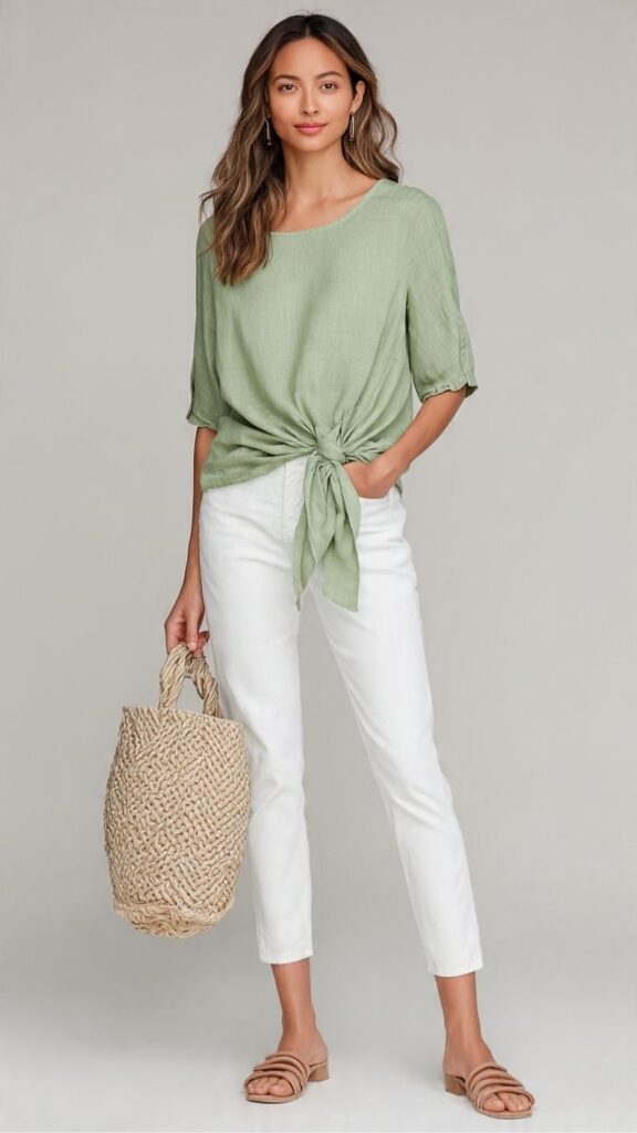 Sage Green Tie-Front Top With White Jeans