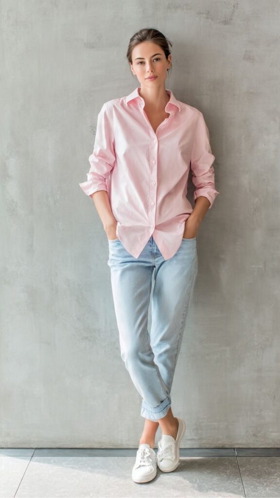 Soft Pink Button-Down With Light Blue Jeans