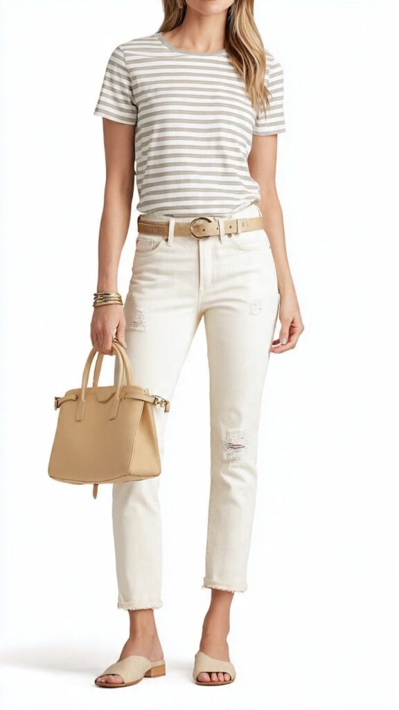 Striped Tee With Cream Distressed Jeans