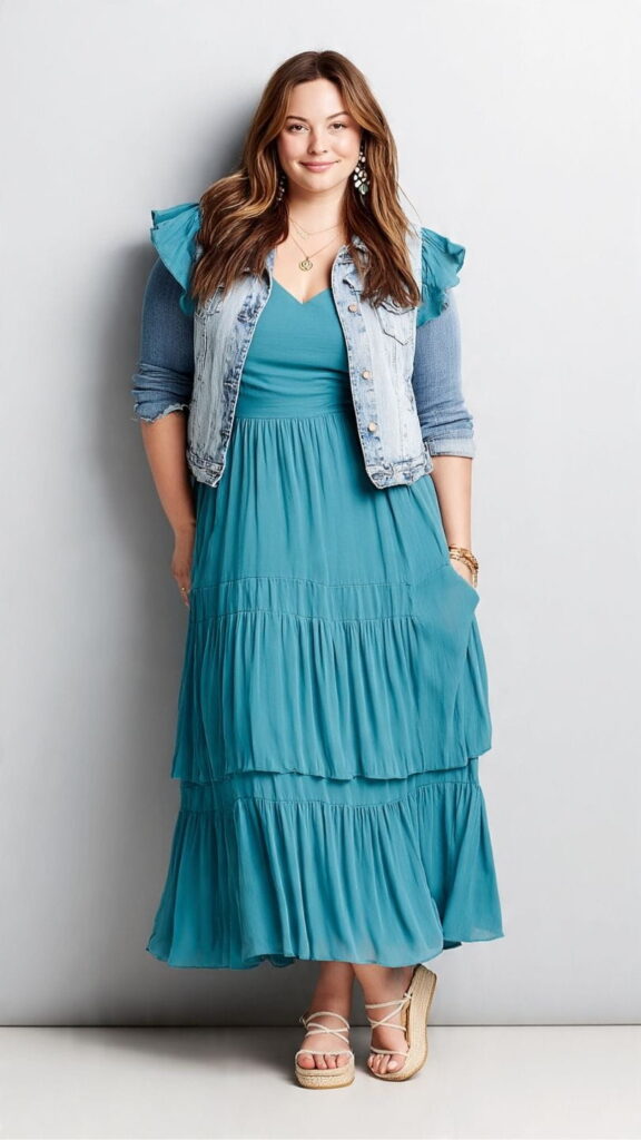 Teal Tiered Midi Dress with Cropped Denim Jacket