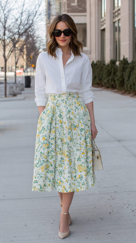 White Button Down Shirt with Floral Midi Skirt