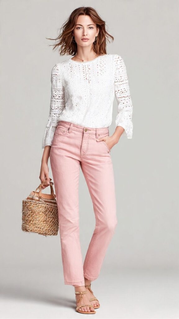 White Eyelet Top With Pink Straight-Leg Jeans