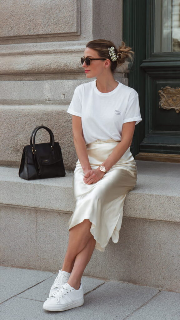 White Graphic T-Shirt with Cream Satin Midi Skirt