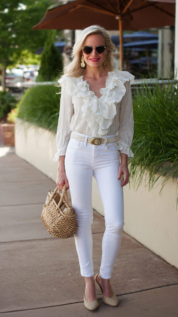 White Jeans with a Ruffled Blouse