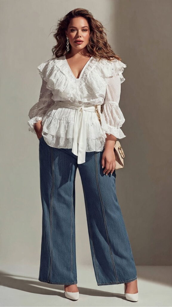 White Ruffled Blouse with High-Waisted Wide-Leg Jeans