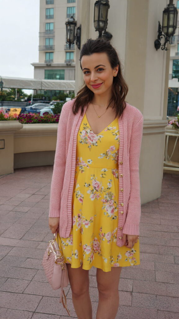 Yellow Floral Dress with Pink Cardigan