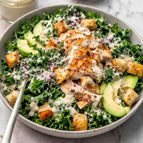 Salmon Kale Salad with Greek Yogurt Caesar Dressing