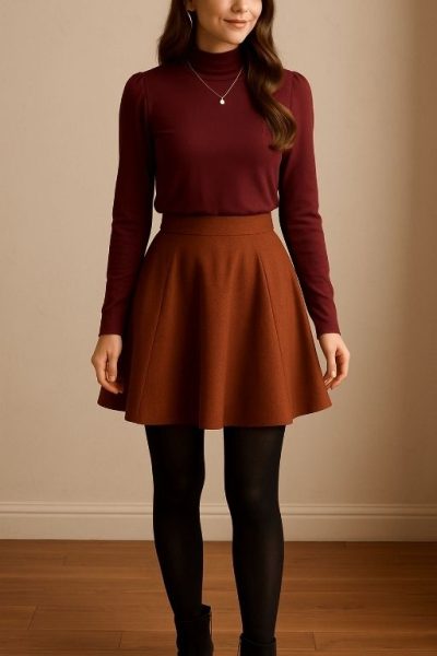 High-Neck Blouse with Skater Skirt