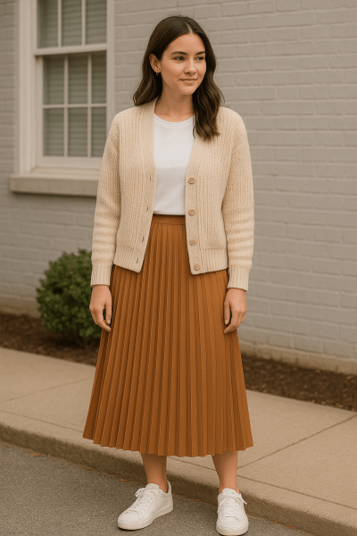 Knit Cardigan + Pleated Skirt + Tee