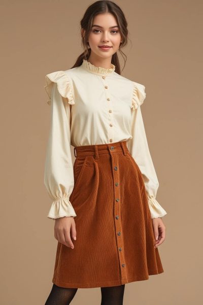 Ruffle Blouse + Corduroy Skirt