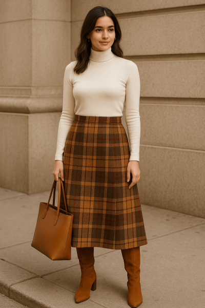 Turtleneck Top + Plaid Midi Skirt